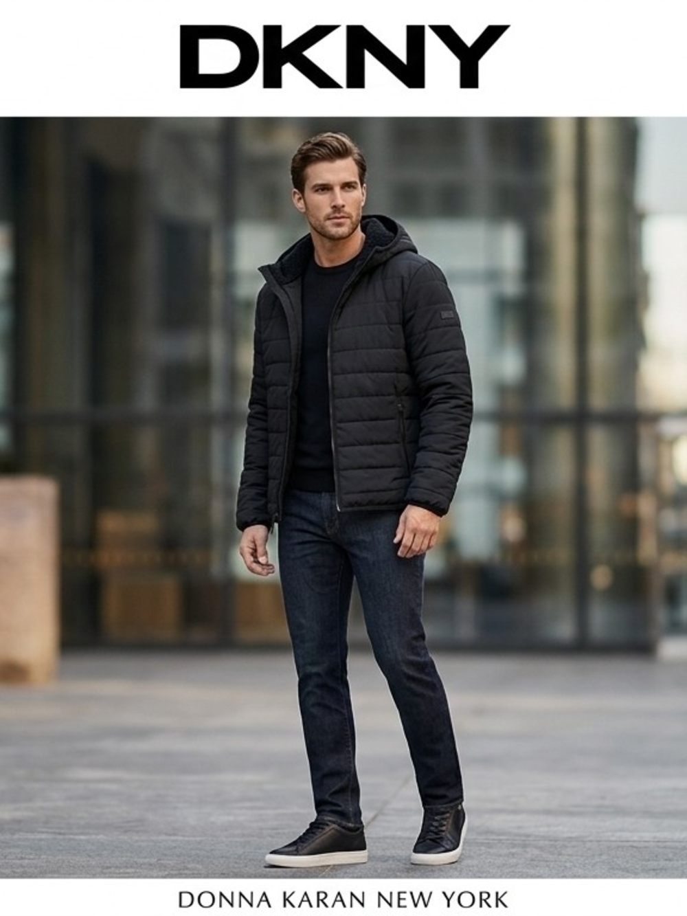 NEW DKNY Jacket Mens M Black Hooded Puffer Full Zip Quilted Coat Insulated Warm